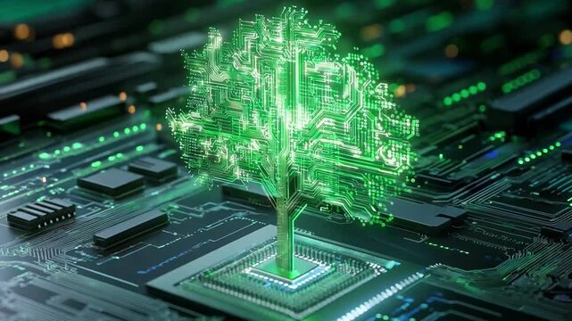 A green tree made of circuit board patterns on a dark digital background, merging nature and computer technologies