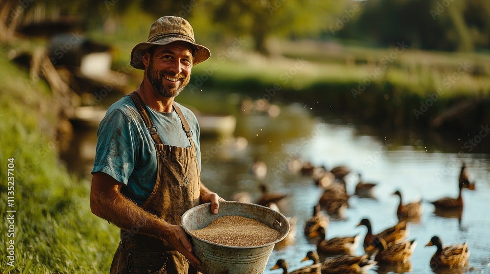Poster a man is holding a bucket of grain and smiling at a group of ducks