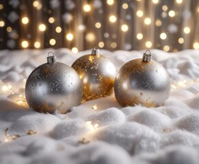Elegant silver and gold Christmas balls nestled in a bed of fluffy fake snow with twinkling lights, fluffy fake snow, Christmas, Christmas balls, twinkling lights