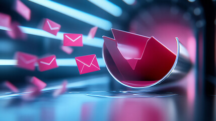 Futuristic digital mail delivery concept with glowing envelopes and a high-tech chute in cyberspace.