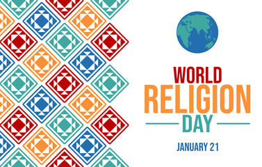 A vibrant World Religion Day design with a globe and colorful geometric patterns celebrating religious harmony and diversity on January 21st.