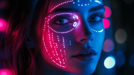 Artistic close-up of a woman's face bathed in neon lights with a digital mask-like pattern. The glowing light design contrasts vividly against the dark, out-of-focus background.. AI Generation