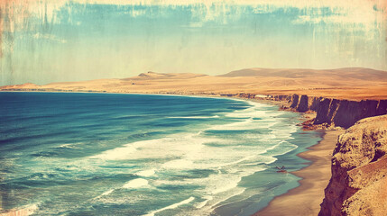 Obraz premium A nostalgic travel print of Paracas, Peru, highlighting its iconic beaches and rocky coastlines, evoking a spirit of adventure