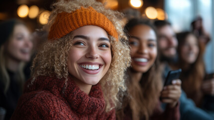Friends laughing and taking selfies together at a coffee shop.