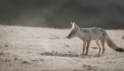 Naklejka premium 바람에 먼지가 날리는 초원 위에서 물웅덩이를 찾는 작은 여우의 모습