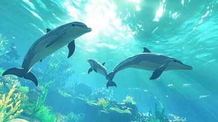 Fototapeta premium Vibrant action shot captures dolphins swimming in turquoise water