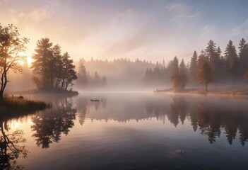 Fototapeta premium Enchanting fog blanketing a tranquil lake at sunrise, weather, fog, sunrise, enchanting, vintage