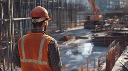 Construction worker using augmented reality technology on site.