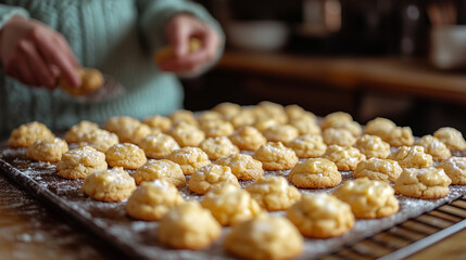 Girl in cozy sweater baking cookies in a rustic kitchen.