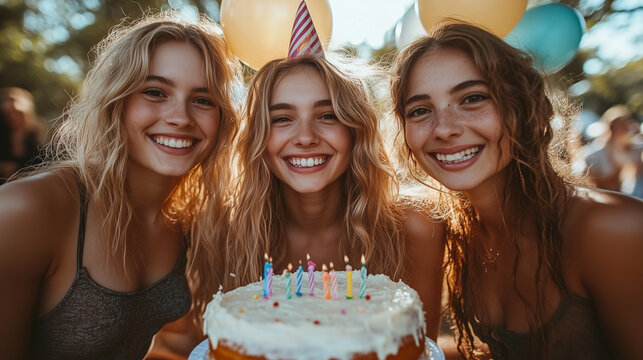 Friends celebrating a birthday with cake and balloons in the park.