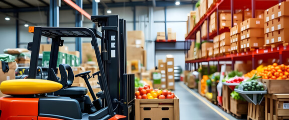 Fototapeta premium Warehouse with Forklift and Produce, Food Industry and Storage