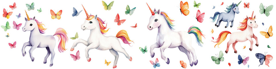 Obraz premium Unicorn magic and playful, Whimsical unicorns prance among colorful butterflies, creating a magical and enchanting scene filled with vibrant hues.