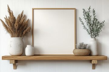 Square empty mock up poster frame on wooden shelf. Interior design of modern living room with white wall and home decor pieces.