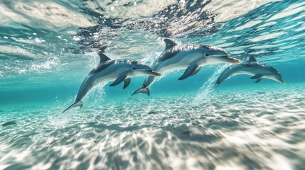 Obraz premium Dolphins leaping in ocean dynamic joyful powerful image