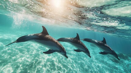 Fototapeta premium Dolphins leaping in ocean dynamic joyful powerful image
