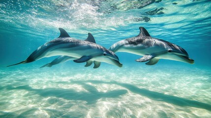 Fototapeta premium Dolphins leaping in ocean dynamic joyful powerful image