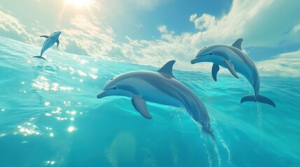 Obraz premium Dolphins playfully swim in crystal clear ocean waters