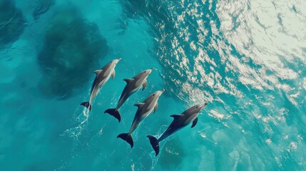 Obraz premium Dolphins playfully swim in crystal clear ocean waters