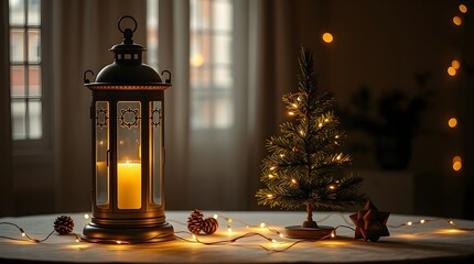  A graceful, elegant lantern and Christmas tree glowing on a table with decorations and string lights. Bokeh and glittering background. 