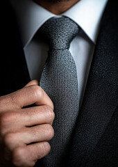 Close-Up of Businessman in Black Suit Adjusting Tie