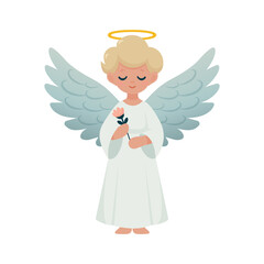 cute little angel with flower flat illustration isolated on transparent background