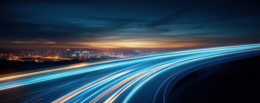 Abstract road illuminated by blue light trails representing speed and digitization against a twilight urban backdrop
