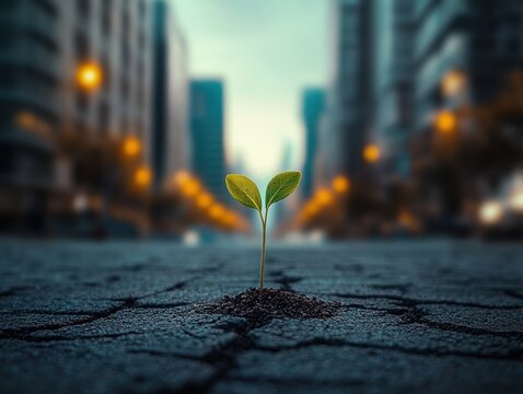 Green sprout emerges from cracked urban ground, symbolizing life and hope in a concrete jungle