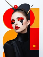 Bold Red and Black Fashion Portrait - Geometric shapes, vibrant makeup, sleek attire, strong gaze, modern elegance.