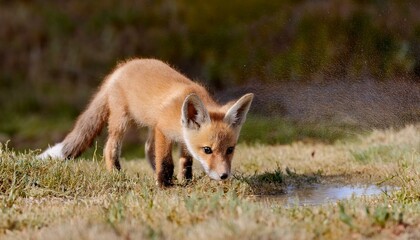 바람에 먼지가 날리는 초원 위에서 물웅덩이를 찾는 작은 여우의 모습