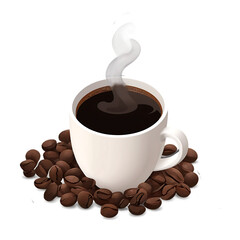 Obraz premium Steaming cup of black coffee surrounded by scattered coffee beans