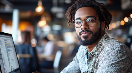Obraz premium Young African American Man Using Computer For Online Webinar Course.