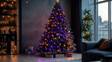 Fototapeta premium Festive Christmas tree with purple and orange lights in modern living room.