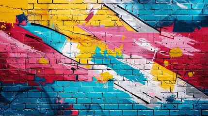 Obraz premium Vibrant Graffiti Mural on Brick Wall: Abstract Colorful Splashes and Strokes