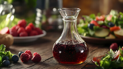 Glass cruet of raspberry vinegar or vinaigrette salad dressing on wooden table with fresh berries and plate of salad on background horizontal. Drizzle. Illustration