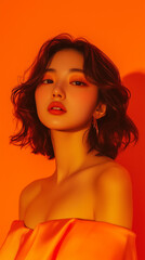 Korean beautiful girl taking photo with orange background and orange light