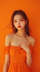 Naklejka premium Korean beautiful girl taking photo with orange background and orange light