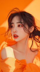 Korean beautiful girl taking photo with orange background and orange light