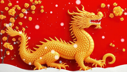 A stunning golden dragon set against a red backdrop, symbolizing strength, prosperity, and cultural heritage during Chinese New Year.