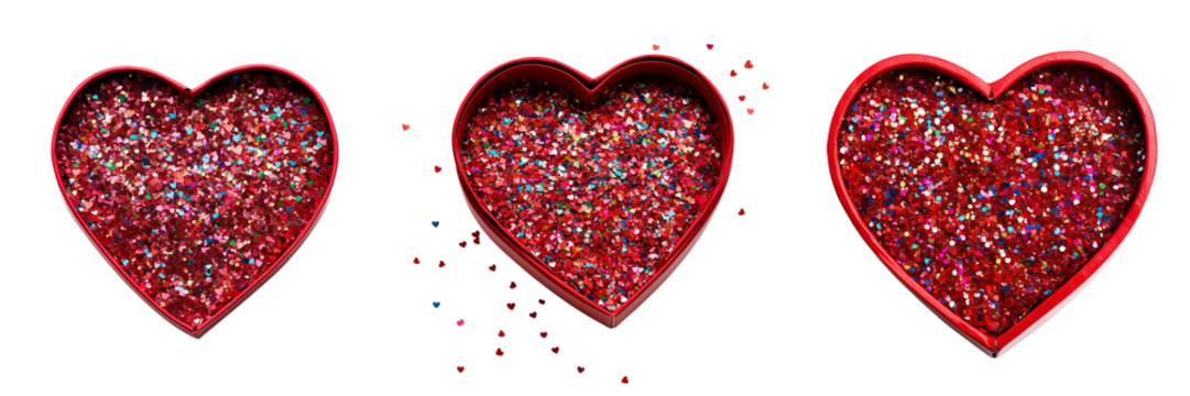 Set of A heart-shaped red box filled with confetti, isolated PNG format Background
