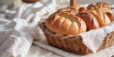 Freshly baked bread assortment in wicker basket on white lace tablecloth, brunch, delicious