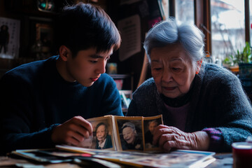 Fototapeta premium Young man helping elderly grandmother look through family photo album in cozy indoor setting