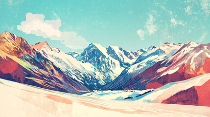 Retro Travel Poster of Cerro Catedral Ski Resort: Snowy Peaks and Ski Slopes