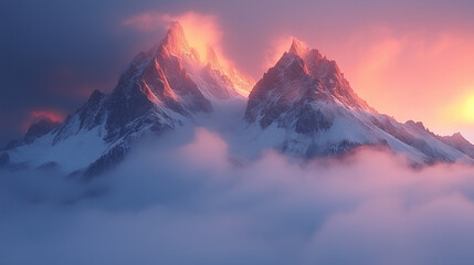 Misty mountain peaks at sunrise with layers of clouds.