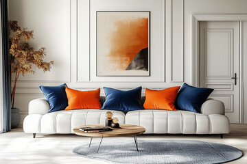 Fototapeta premium Sofa with blue and orange pillows near wall with art poster and door. Minimalist interior design of modern living room.