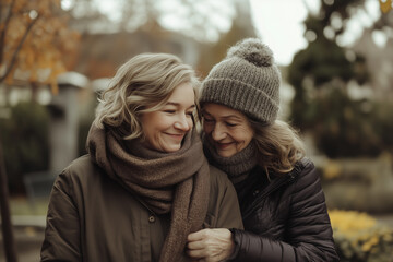 Fototapeta premium Young woman wraps a warm scarf around herself while enjoying a cozy day outdoors in a serene park setting