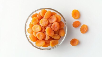 Fototapeta premium Flat Lay Composition Featuring a Bowl of Dried Apricots Perfect for Healthy Snack Promotion and Food Blogs