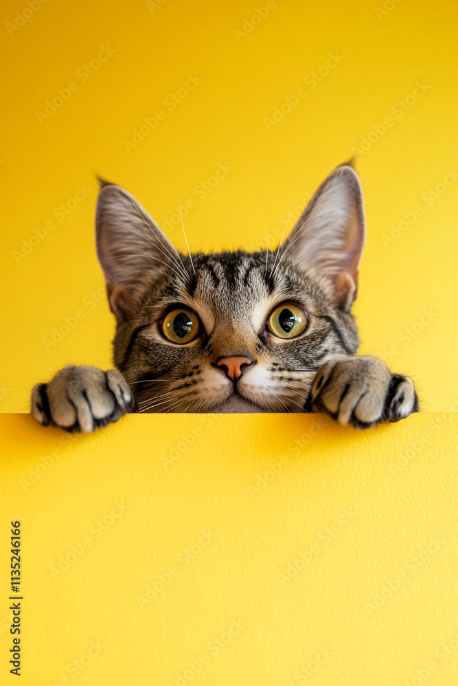 Poster curious kitten peeks over vibrant yellow surface showcasing its playful demeanor and adorable featur