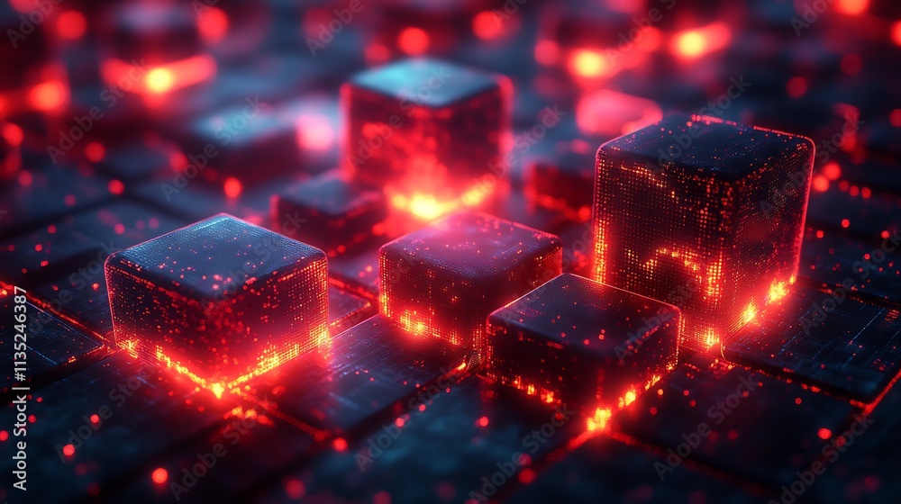 Poster layered transparent squares forming concentric grids interactive glowing nodes futuristic cgi design