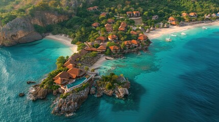 Aerial view of a tropical resort on a secluded beach surrounded by clear blue waters.