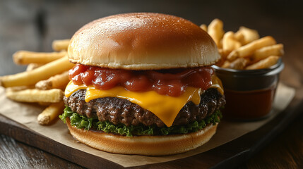 A classic cheeseburger with fries and condiments on the side.